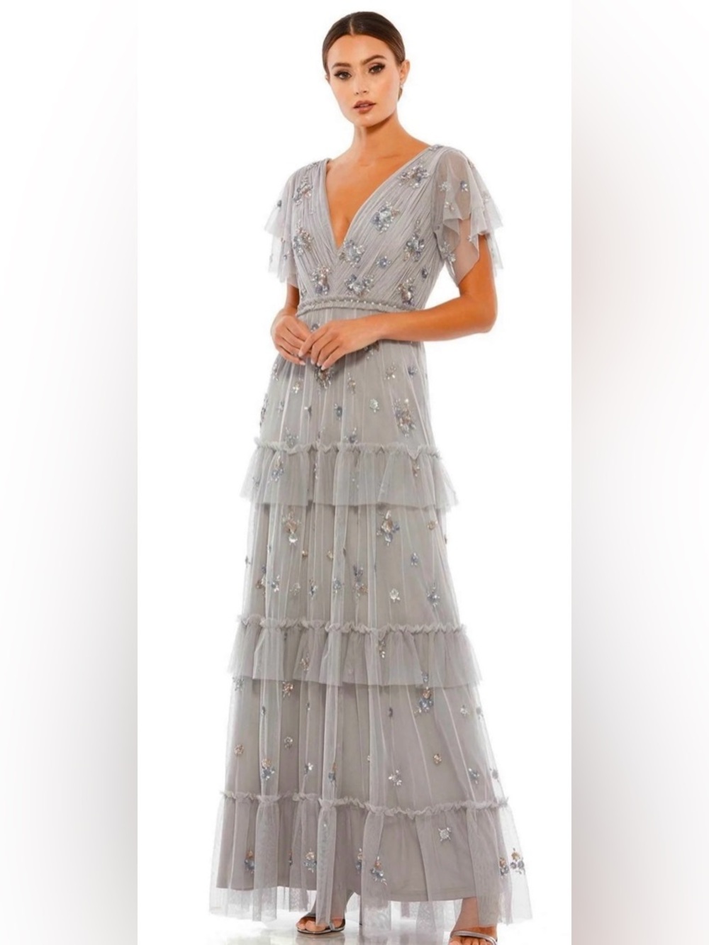 Mac Duggal NWT Platinum Tiered Ruffle Hand Embellished Gown Size 14